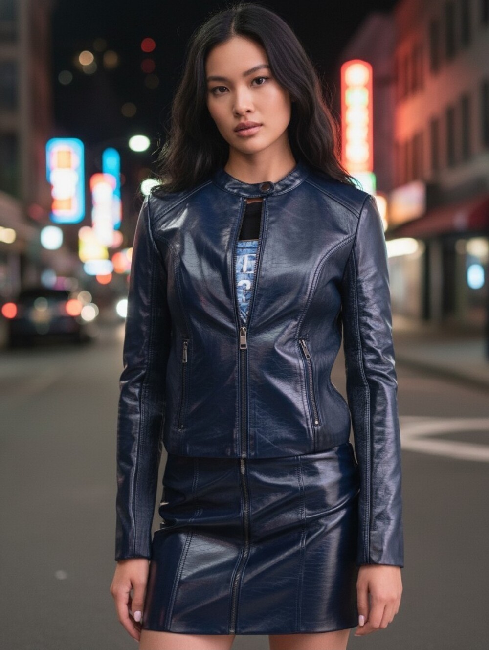 Guess Women's Nico Icy Faux Leather Jacket - Macy's Navy Blue Moto NEW Size XS
